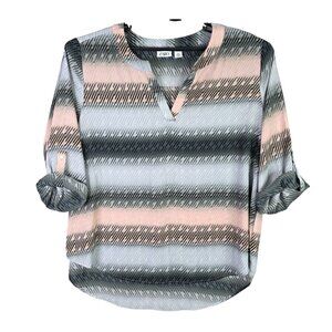 Womens Cato Grey & Pink Striped Blouse Roll-Tab Sleeve 100% Polyester Size XL
